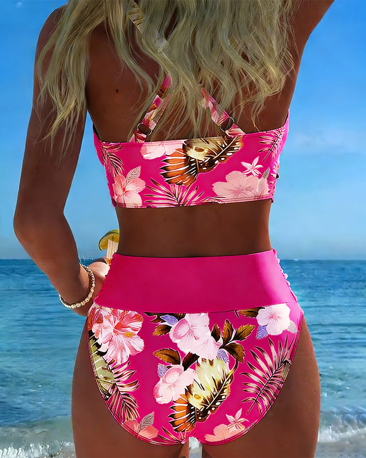 Bikini avec imprimé floral contrastant et fente