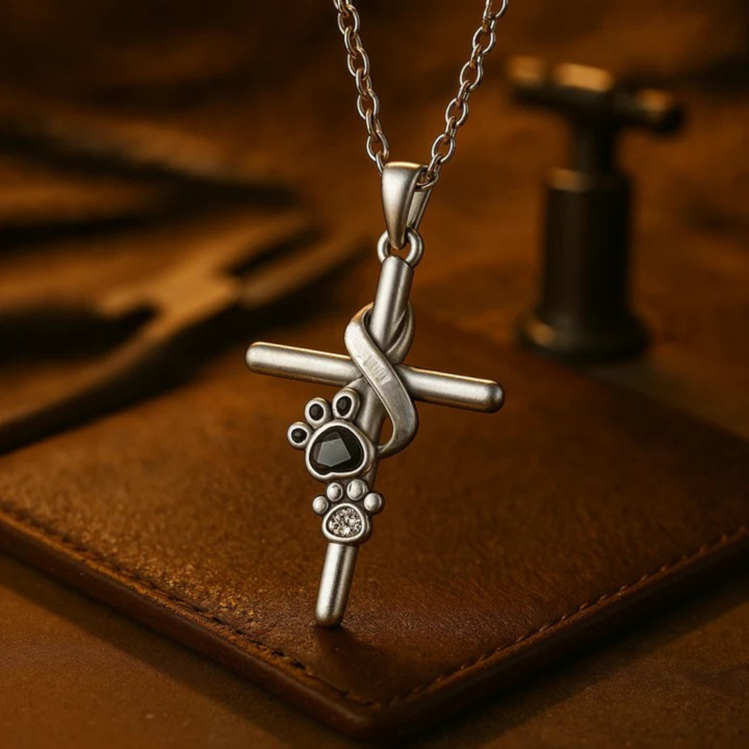 Silver pendant with paw print and cross