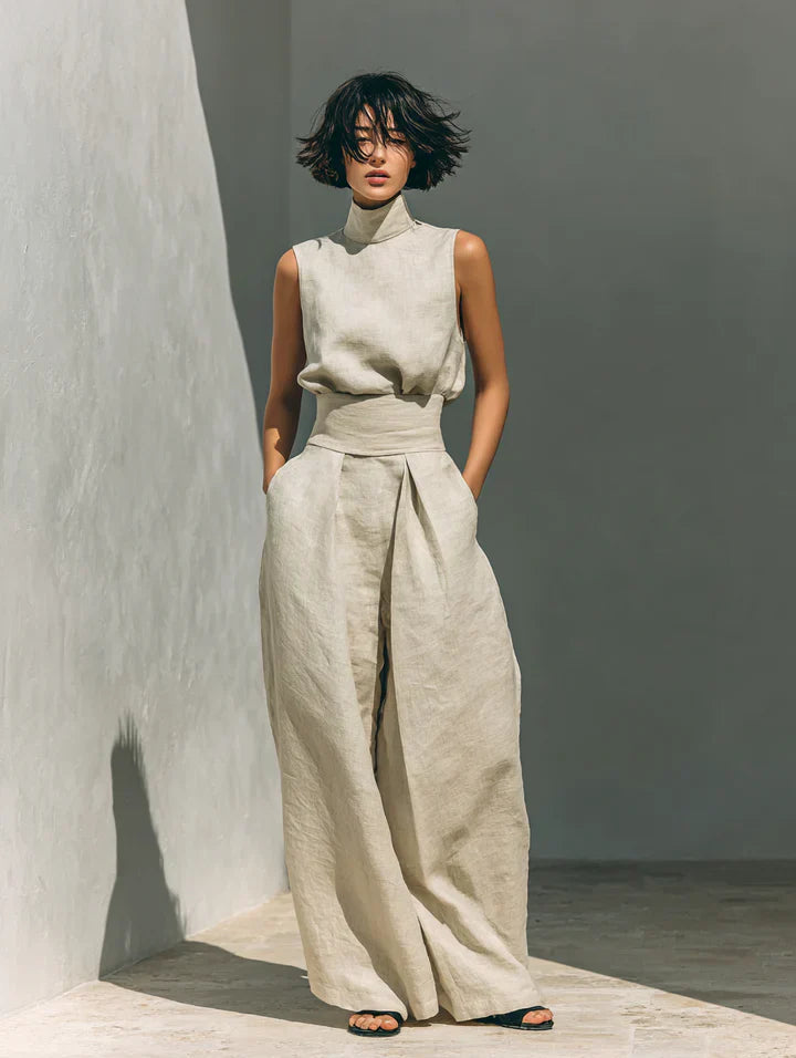 Amélie™ | Ensemble minimaliste de blouse sans manches et pantalon à jambes larges en coton et lin pour femme
