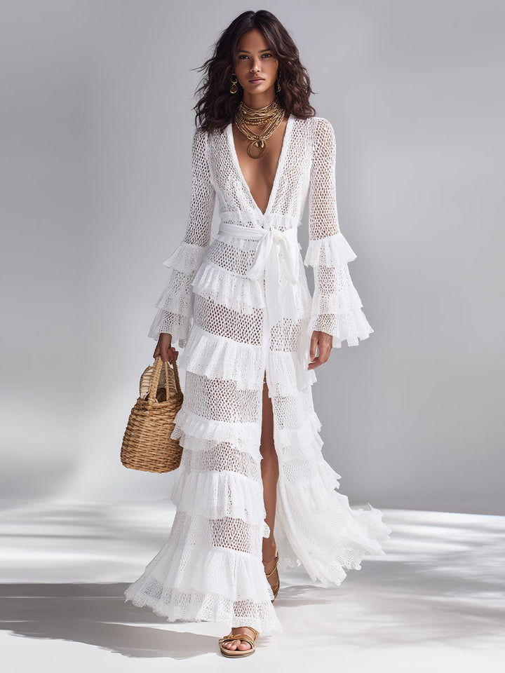 Cardigan au Crochet Blanc Brillant pour Femmes avec Décolleté en V Profond et Volants Superposés, Style Bohème-Chic Intemporel