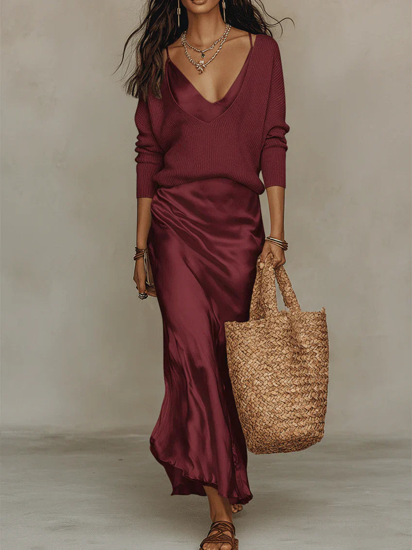 Elena | Robe Midi Satinée avec Pull Inclus