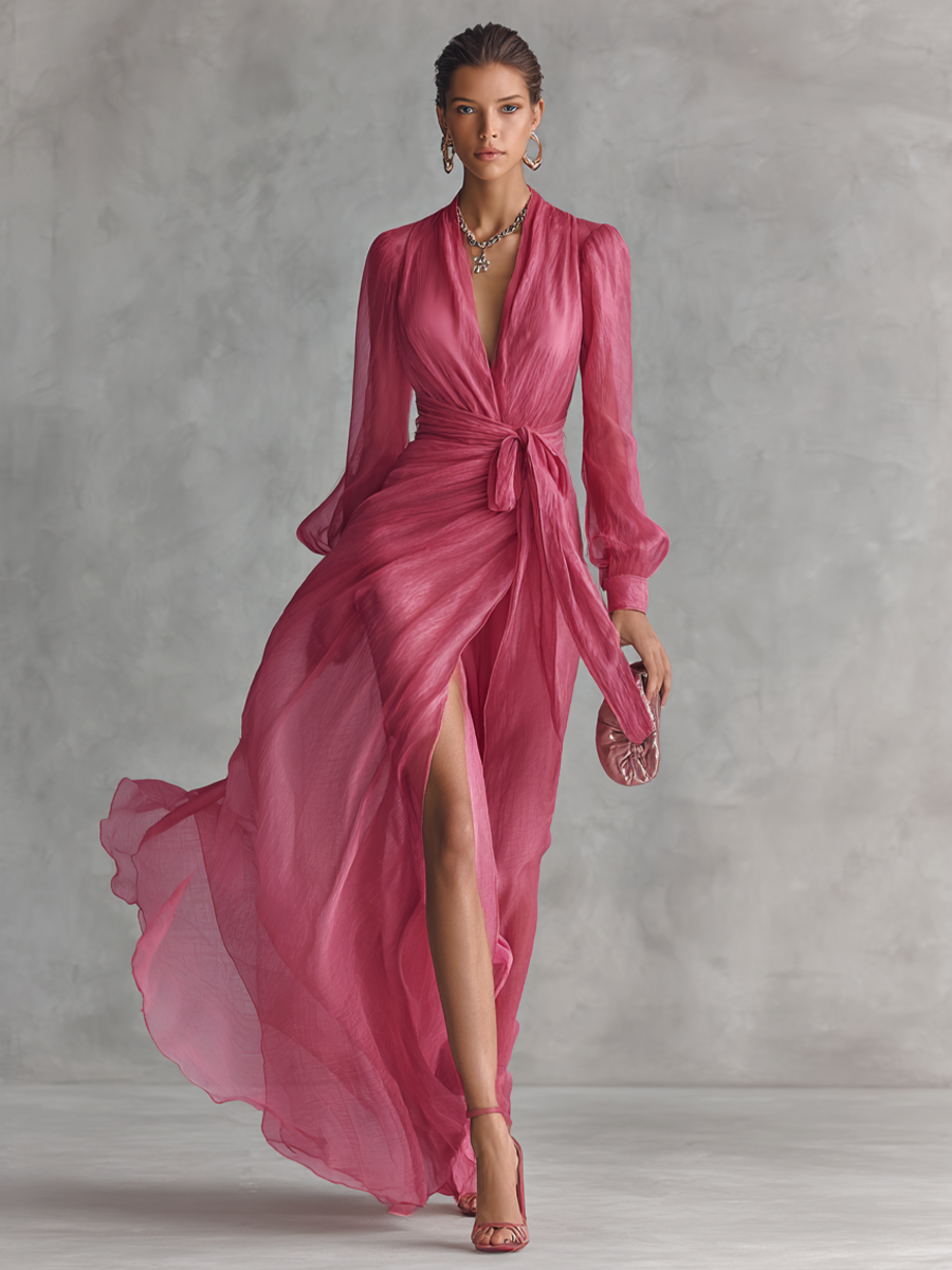 Robe Longue Élégante Femme en Chiffon Rose Poudré avec Perles, Décolleté en V et Taille Liée