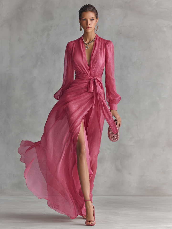 Robe Longue Élégante Femme en Chiffon Rose Poudré avec Perles, Décolleté en V et Taille Liée