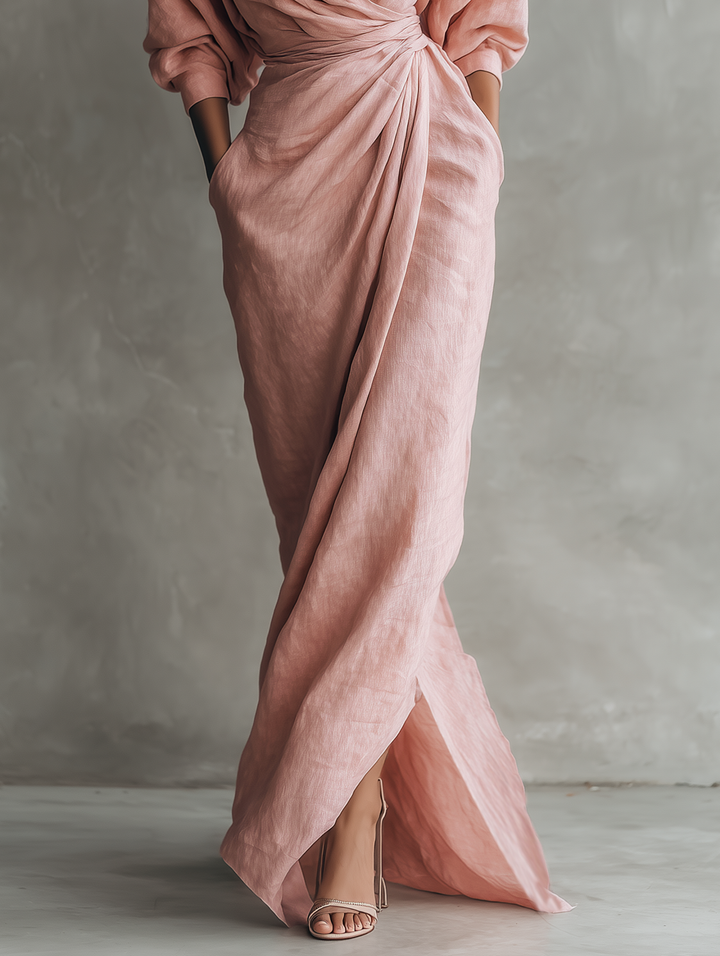 Robe Maxi Minimaliste V-neck en Mélange de Lin Rose pour Femmes