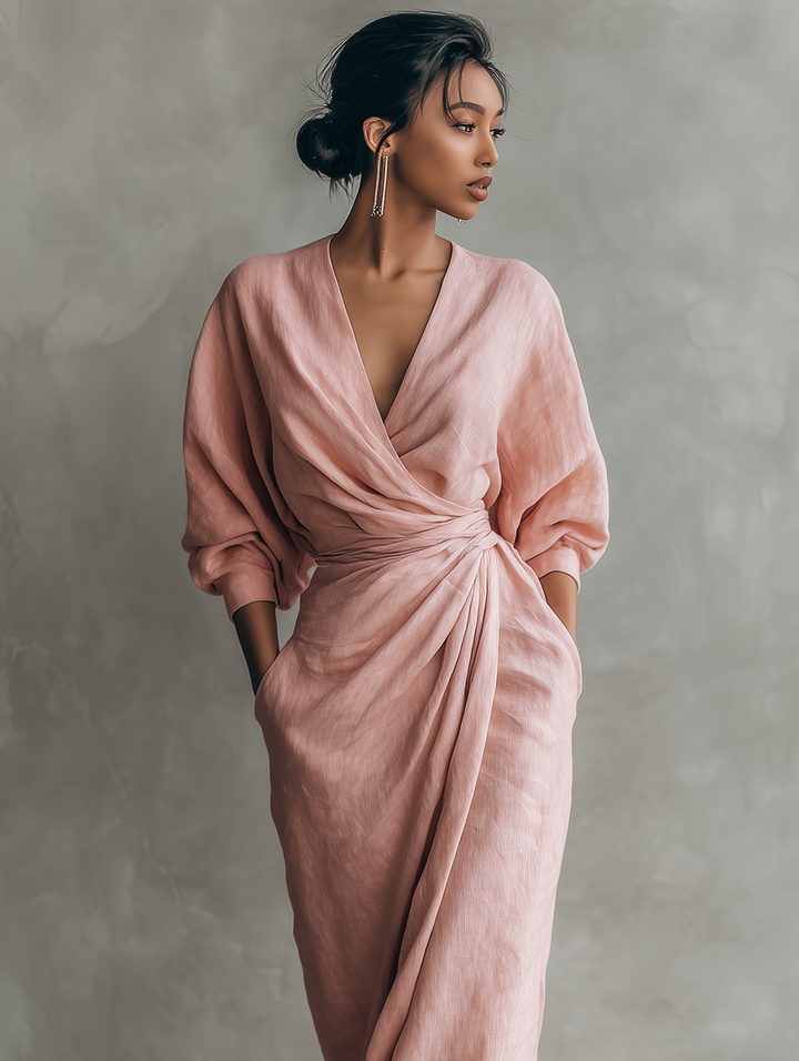 Robe Maxi Minimaliste avec Décolleté en V en Mélange de Lin Rose pour Femmes
