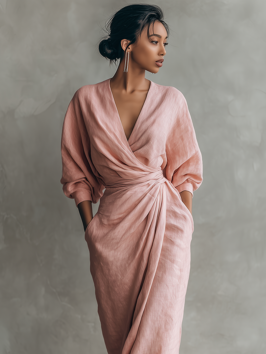 Robe Maxi Minimaliste V-neck en Mélange de Lin Rose pour Femmes