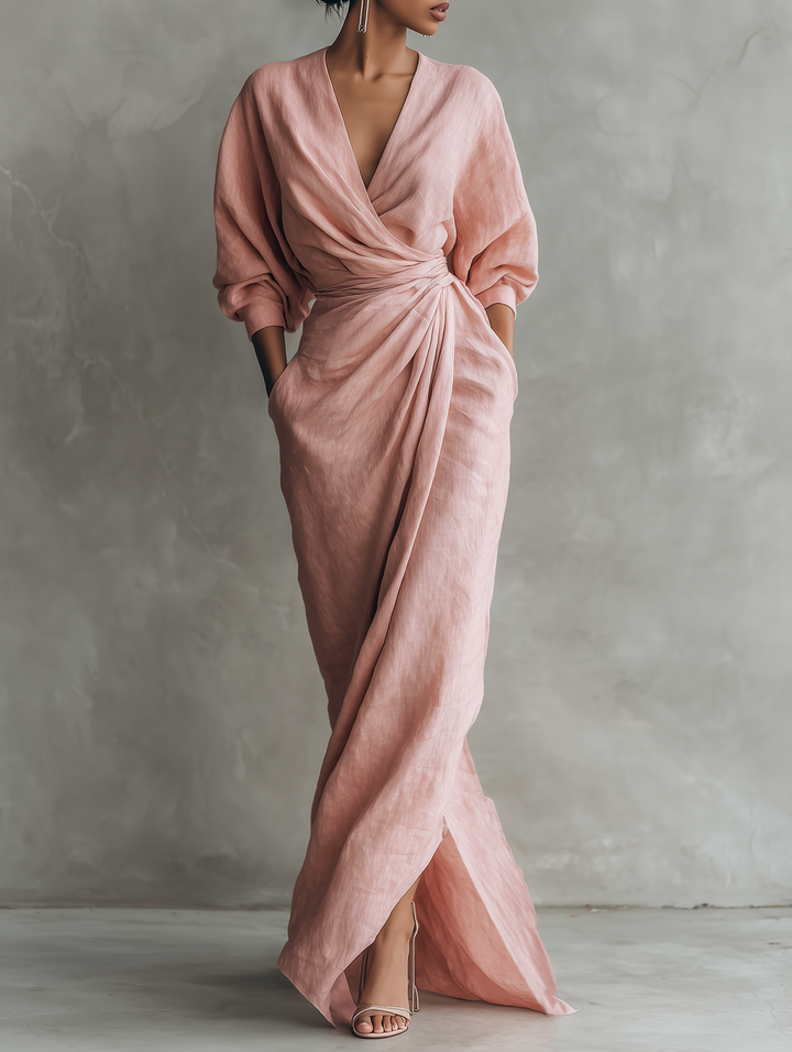 Robe Maxi Minimaliste V-neck en Mélange de Lin Rose pour Femmes