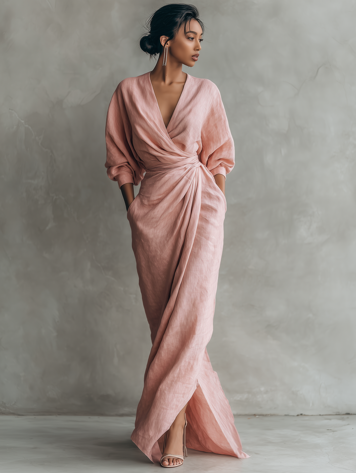Robe Maxi Minimaliste avec Décolleté en V en Mélange de Lin Rose pour Femmes
