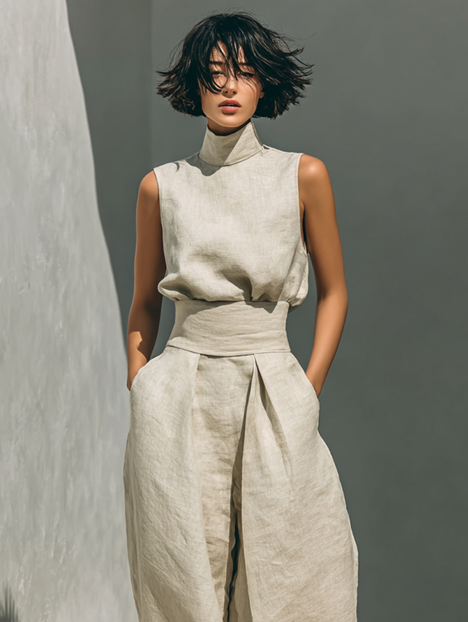Ensemble composé d'un haut sans manches et d'un pantalon à jambes larges en mélange de coton et de lin.