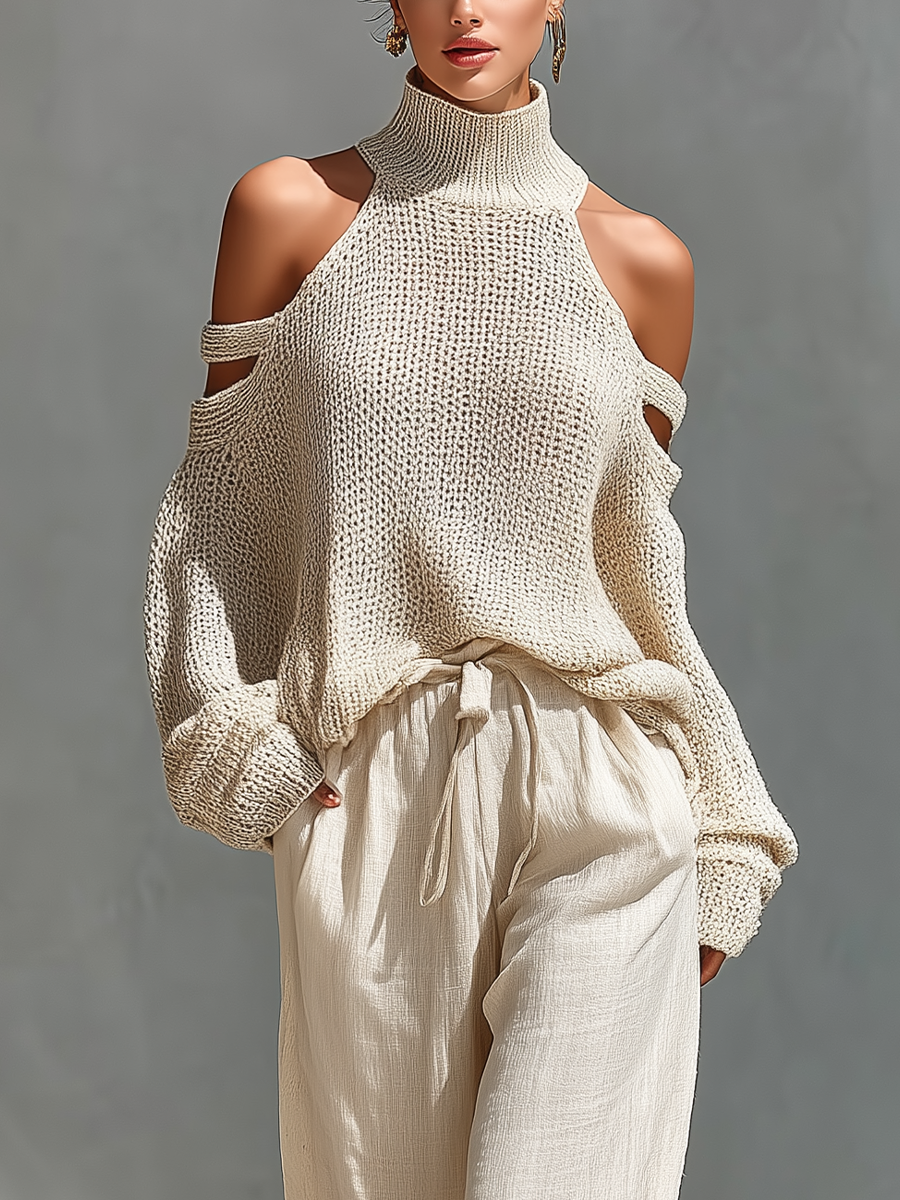 Ensemble Haut Col Montant avec Épaules Dénudées en Maille Beige pour Femmes & Pantalons à Jambe Large