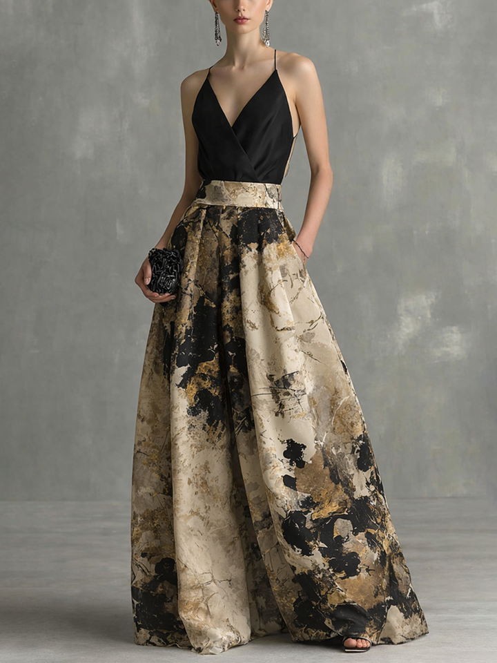 Robe Maxi Élégante Femme Noire Et Beige Imprimé Abstrait Décolleté En V À Bretelles