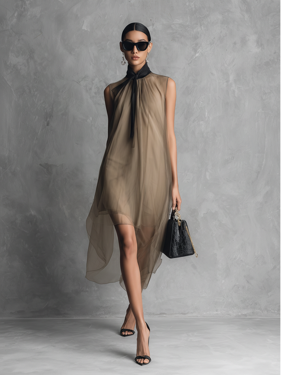 Robe sans manches en chiffon bicolore kaki et marron de luxe léger pour femmes