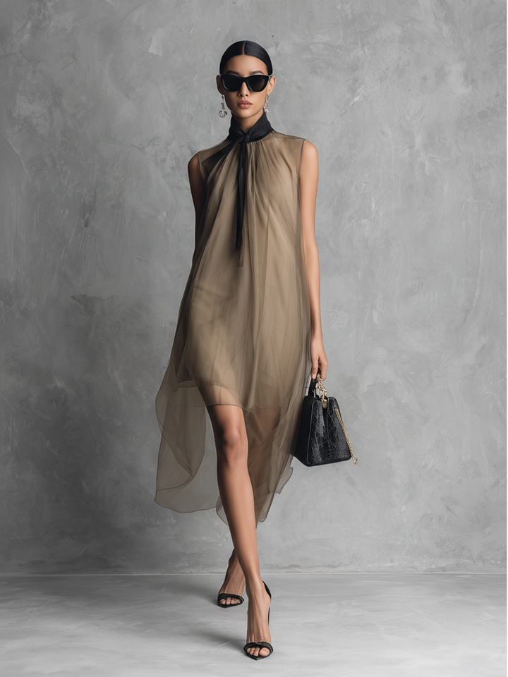Robe sans manches en chiffon bicolore kaki et marron de luxe léger pour femmes