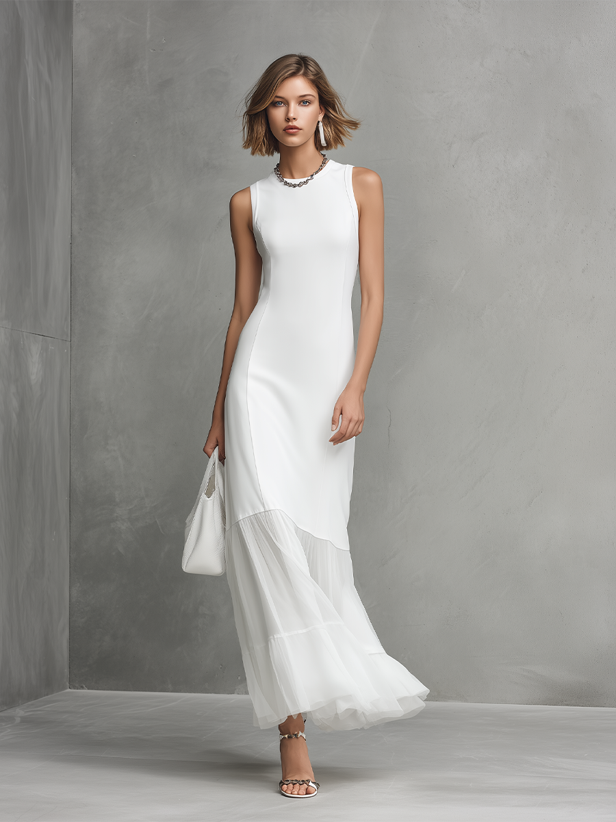 Robe sans manches blanche élégante pour femmes avec soie de lait et panneaux en chiffon