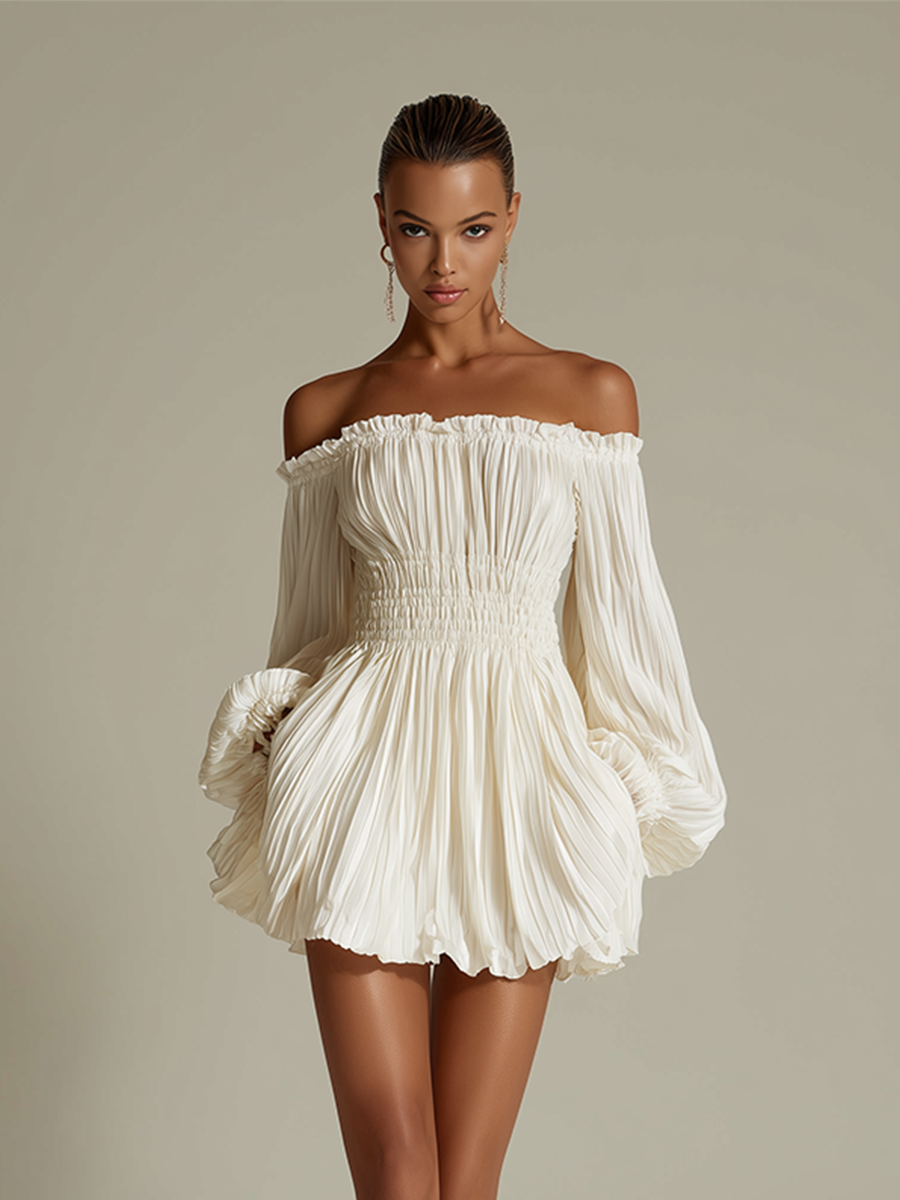 Robe Plissée Ivoire pour Femme avec Décolleté Bardot et Taille Froncée, Robe Élégante Sexy Intemporelle