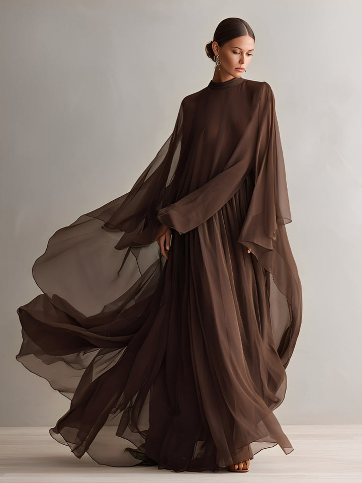 Robe en Chiffon Marron Riche pour Femmes avec Silhouette Maxi Flottante et Design à Cape, Style Élégant et Glamour Moderne