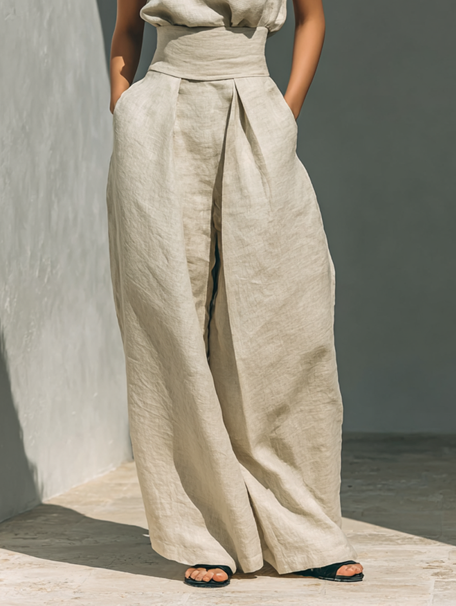 Maria - Ensemble débardeur et pantalon large en coton et lin minimaliste pour femme