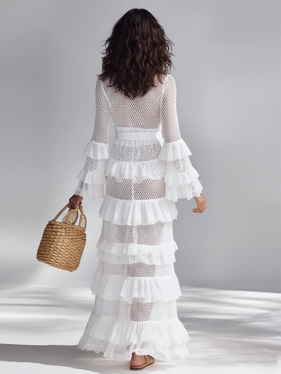 Cardigan en Crochet Tricoté Blanc Éclatant pour Femmes avec Décolleté en V Profond et Volants Superposés, Style Bohème-Chic Intemporel Cardigan