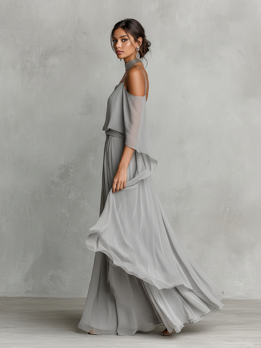 Ensemble Chiffon Respirant Gris Femme Avec Détail Épaules Nues & Silhouette Évasée, Style Contemporain Luxe-Féminin