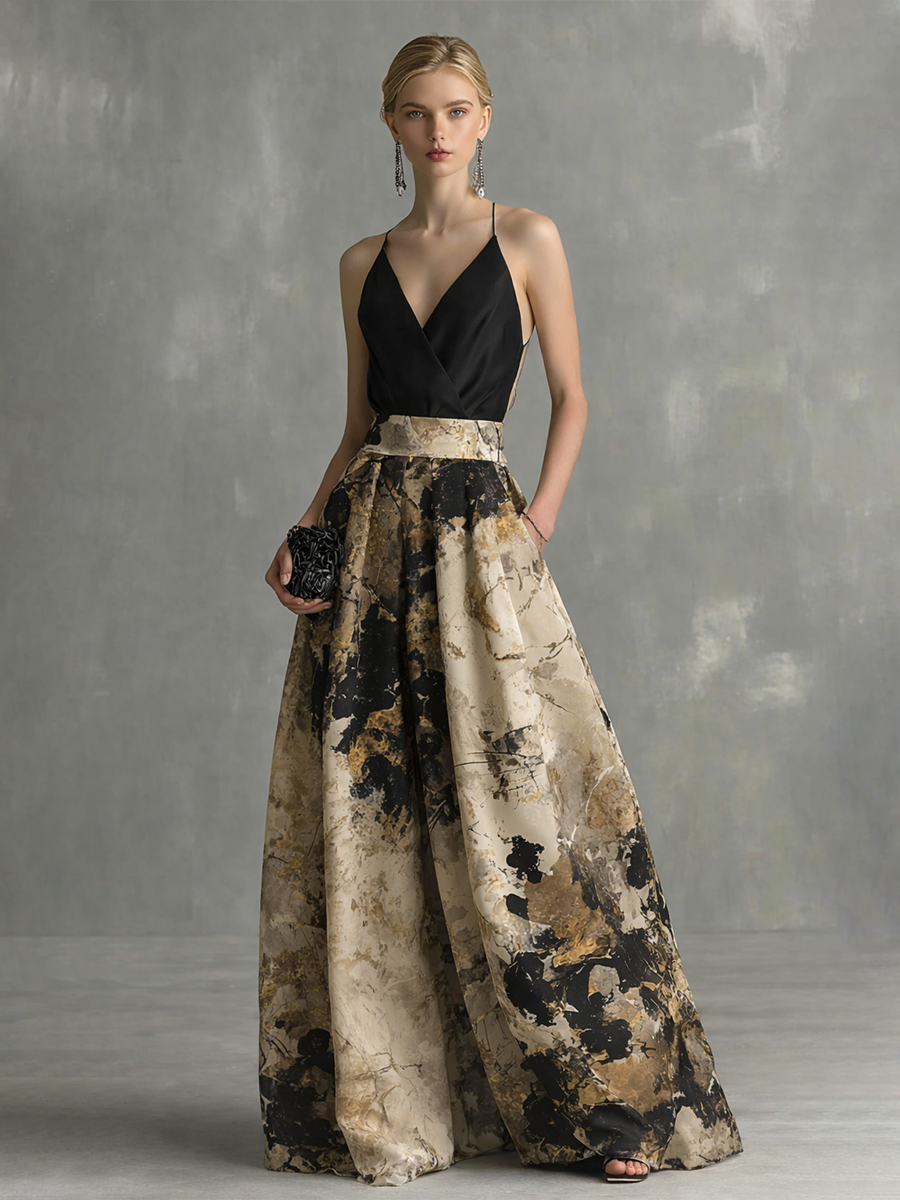Robe Maxi Élégante Femme Noire Et Beige Imprimé Abstrait Décolleté En V À Bretelles