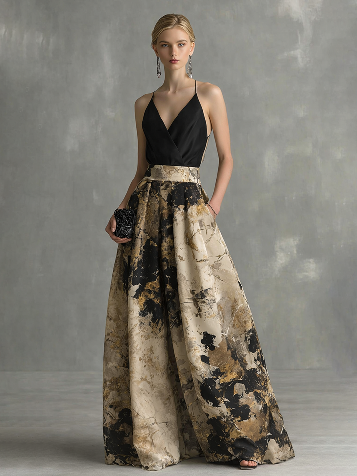 Robe Maxi Élégante Femme Noir et Beige Imprimé Abstrait Décolleté en V avec Bretelles