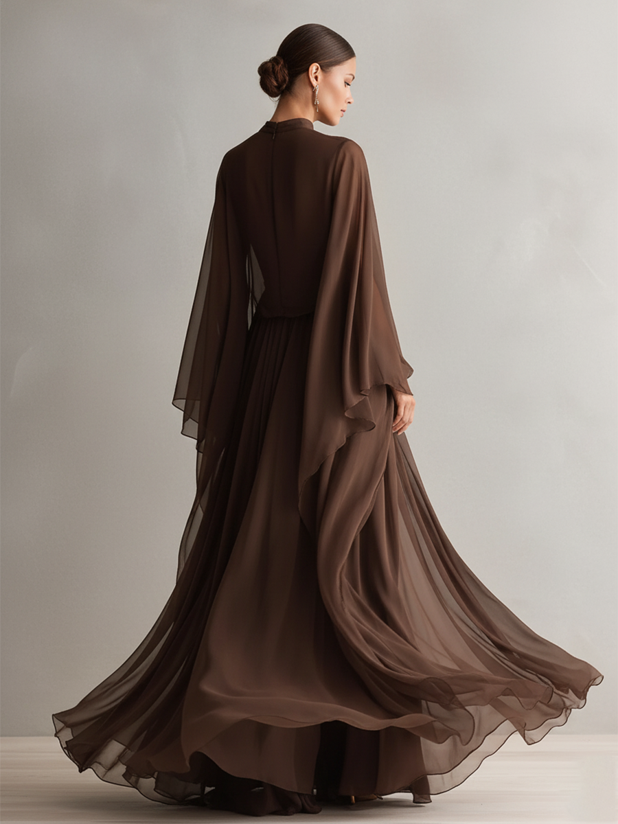 Robe en Chiffon Brun Riche pour Femmes avec Silhouette Maxi Flottante et Design de Cape, Style Élégant et Glamour Moderne