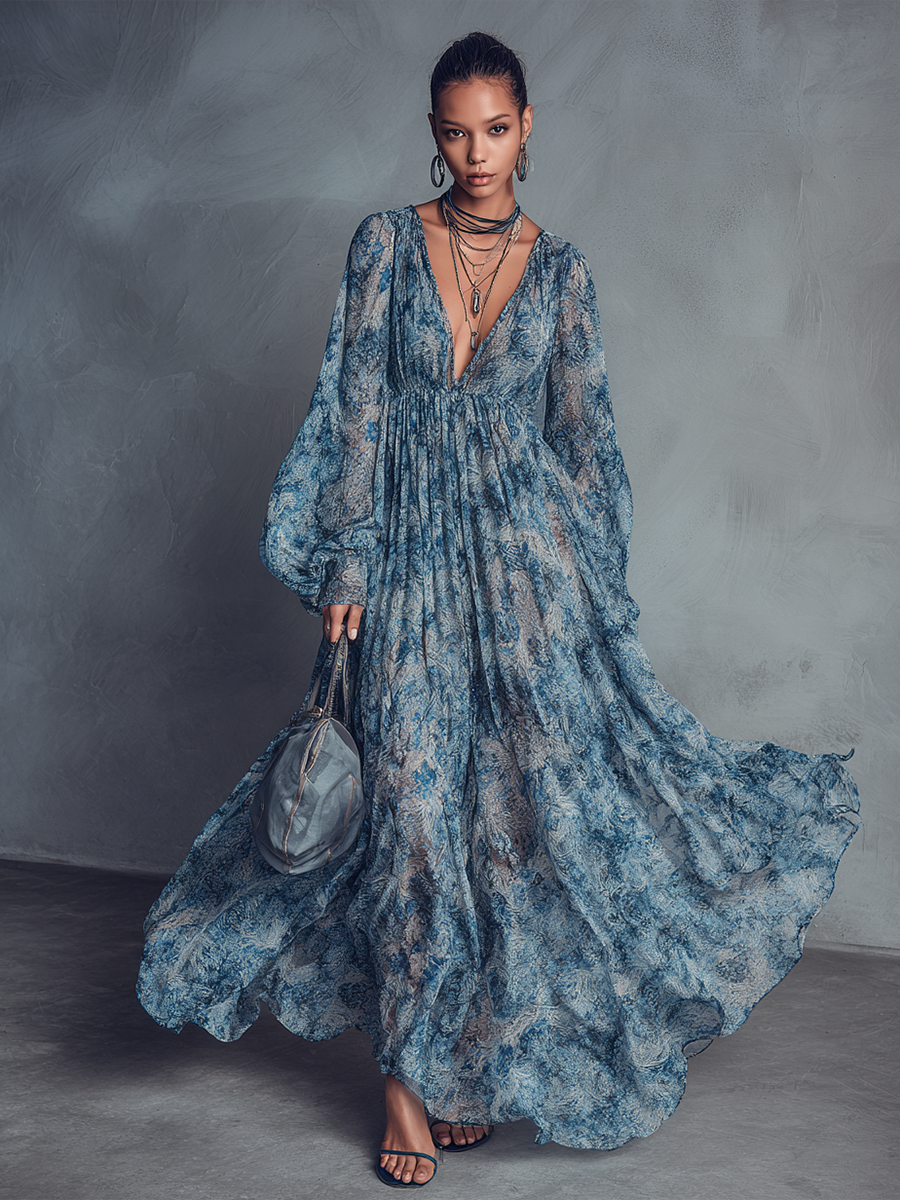 Robe maxi en chiffon à imprimé floral bleu style bohème pour femme avec décolleté en V et manches lanternes