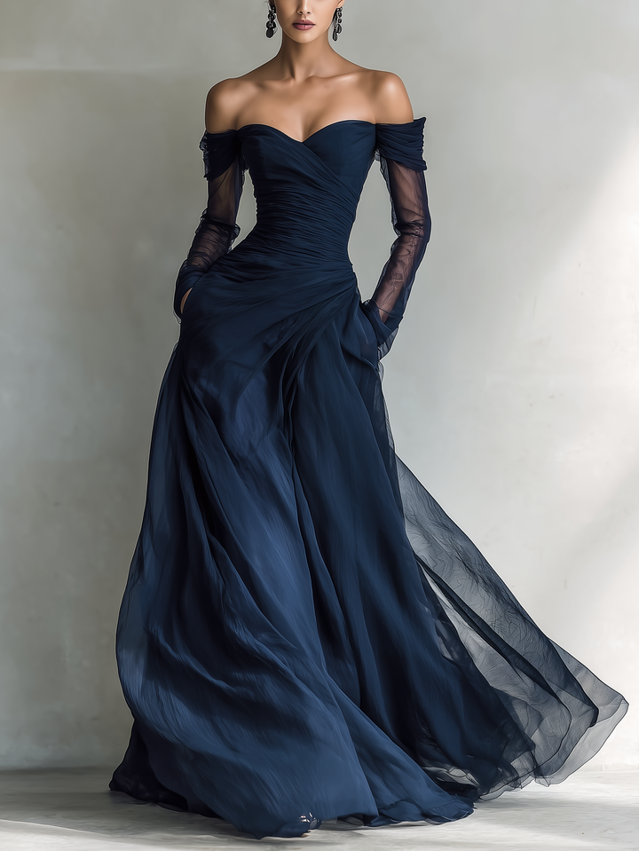 Robe Maxi Élégante en Chiffon Organza Bleu Foncé avec Manches Longues et Épaules Dégagées pour Femmes