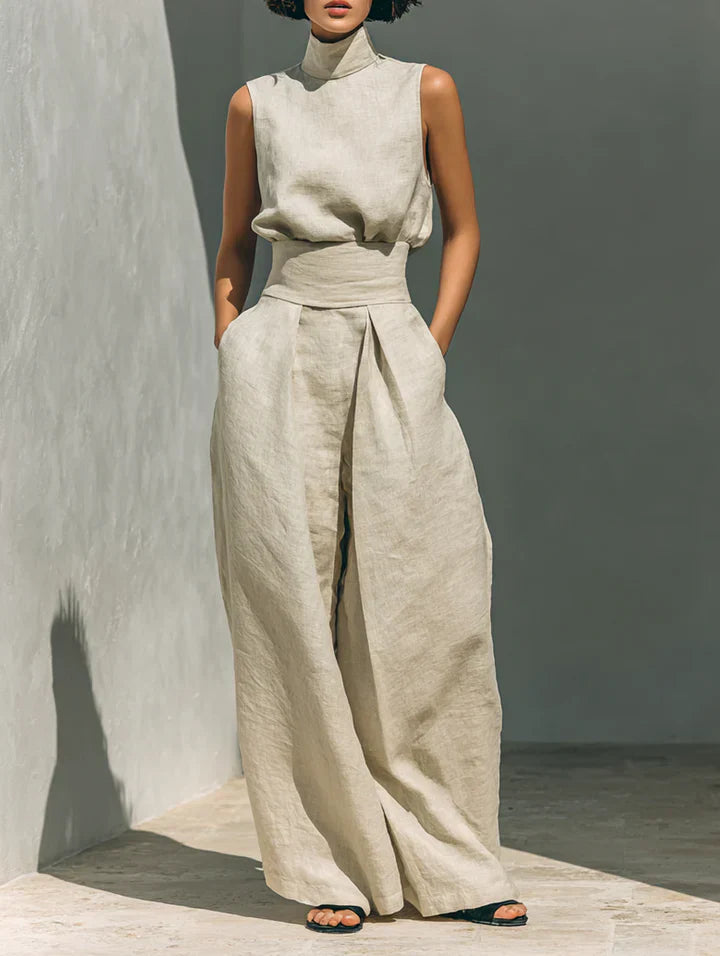 Amélie™ | Ensemble minimaliste de blouse sans manches et pantalon à jambes larges en coton et lin pour femme