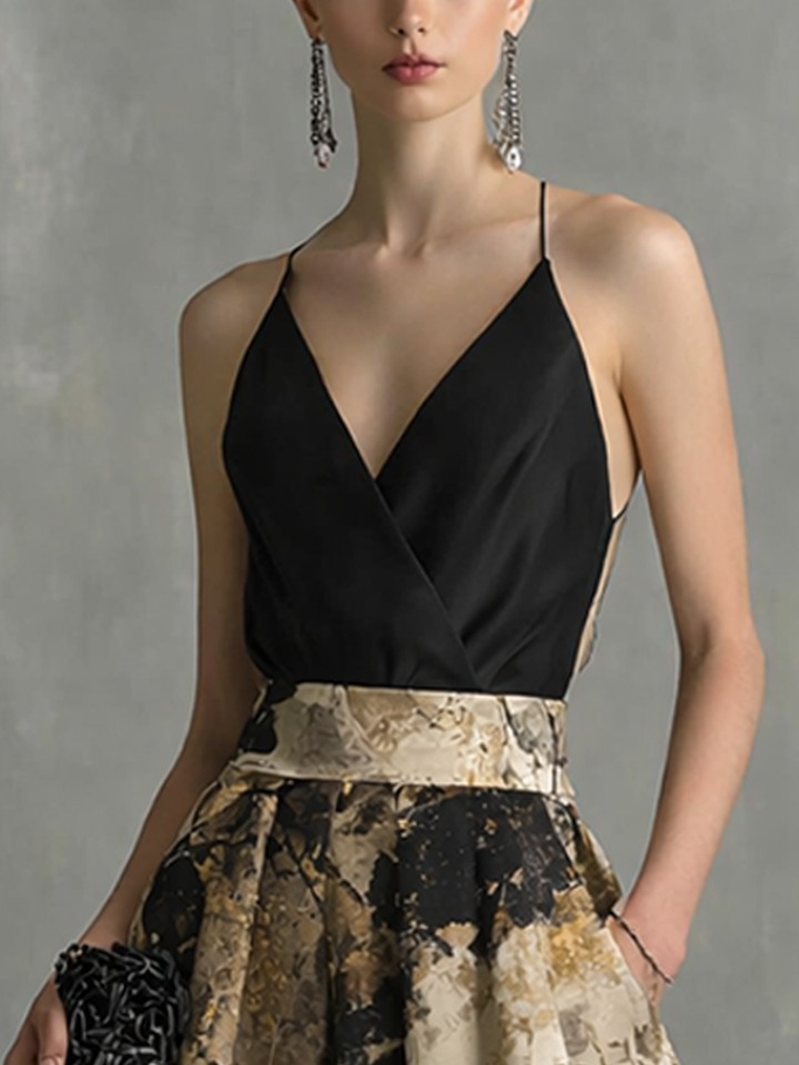 Robe Maxi Élégante Femme Noir et Beige Imprimé Abstrait Décolleté en V avec Bretelles