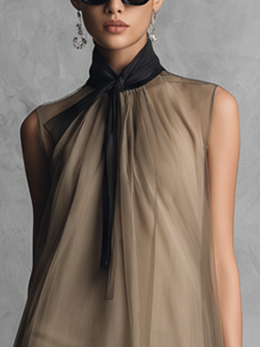 Robe sans manches en chiffon bicolore kaki et marron de luxe léger pour femmes