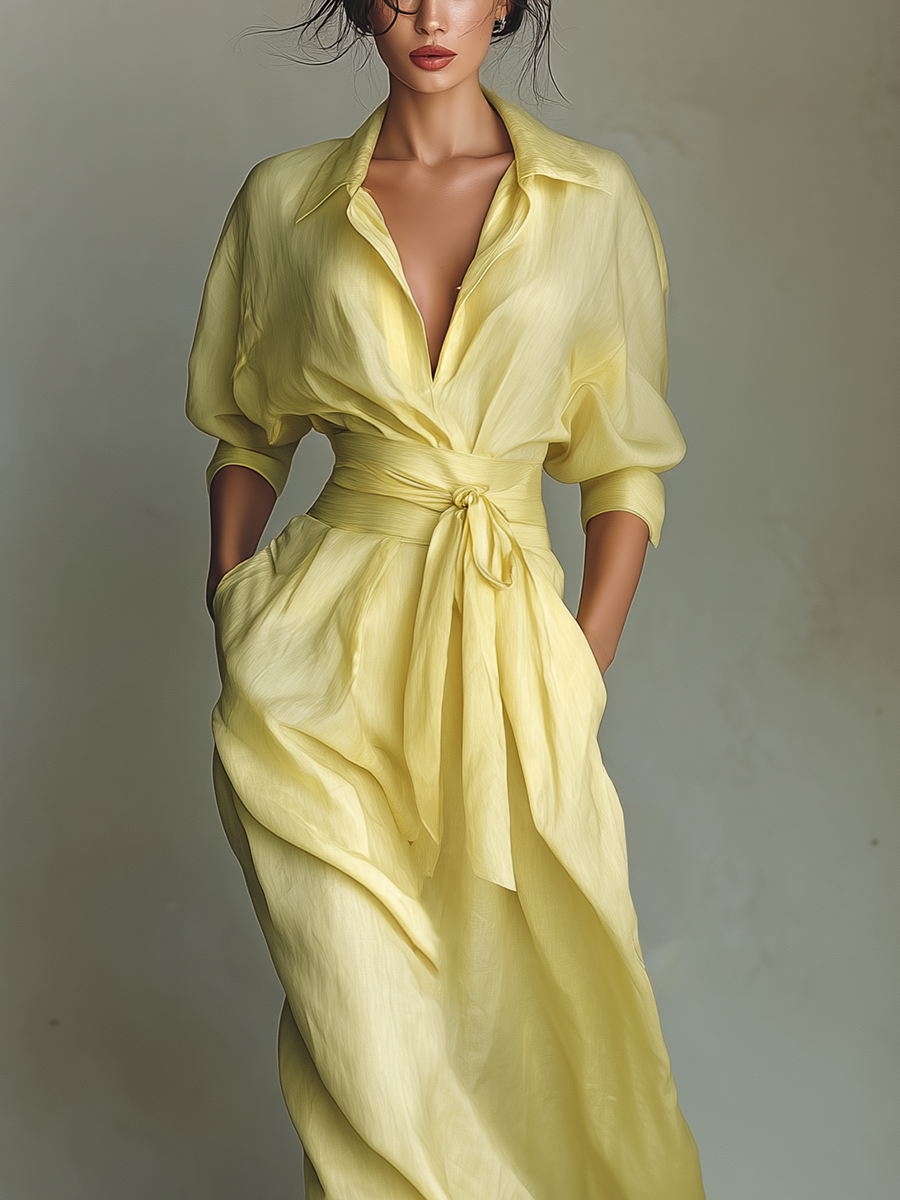 Robe Chemise Maxi Femme Jaune Citron En Coton Et Lin Avec Ceinture À Nouer & Manches Trois Quarts