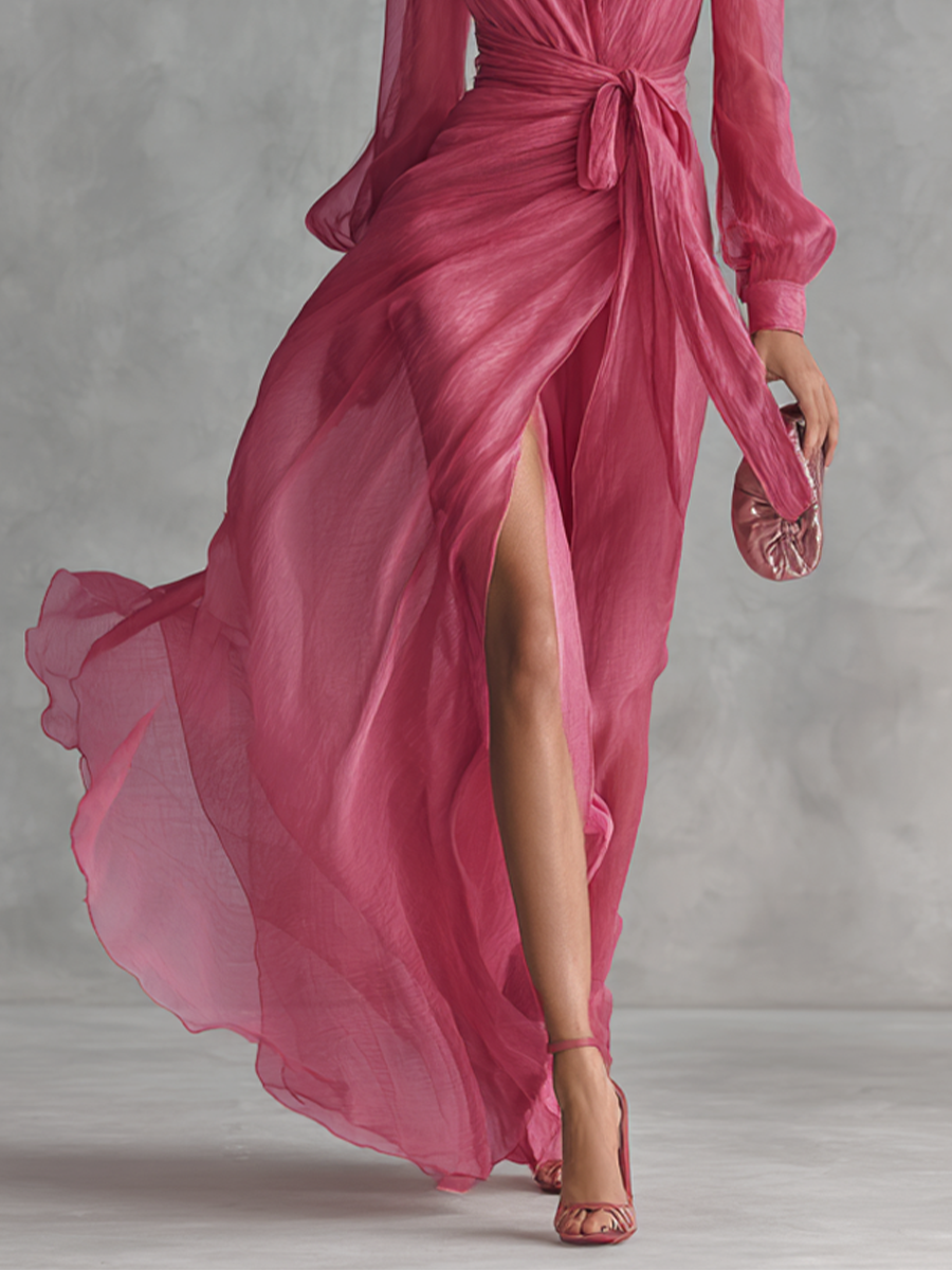 Robe Longue Élégante Femme en Chiffon Rose Poudré avec Perles, Décolleté en V et Taille Liée