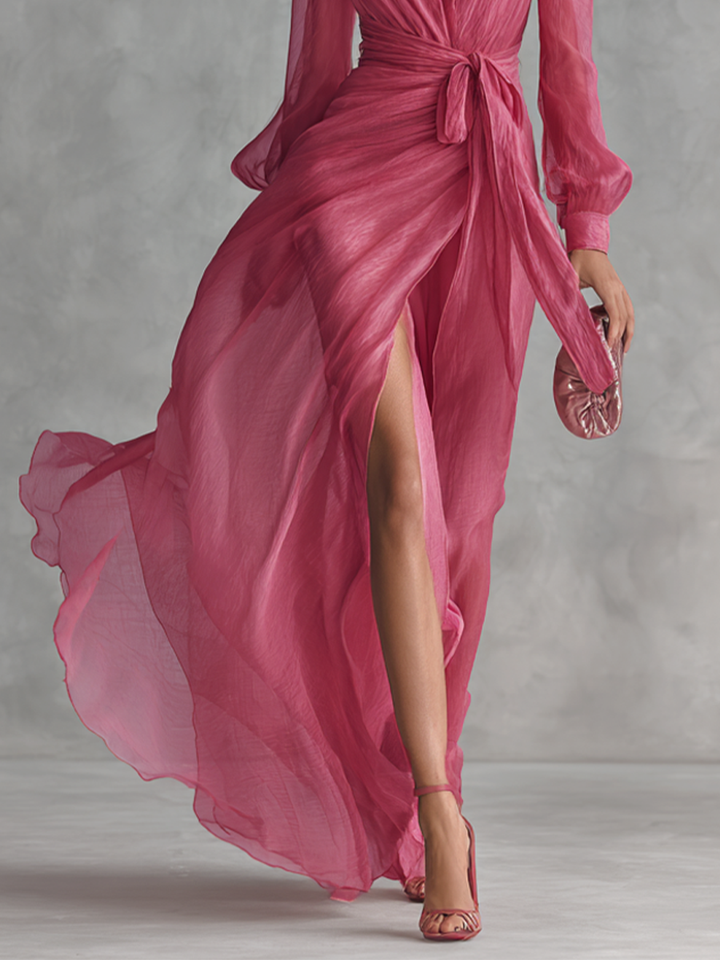 Robe Longue Élégante Femme en Chiffon Rose Poudré avec Perles, Décolleté en V et Taille Liée