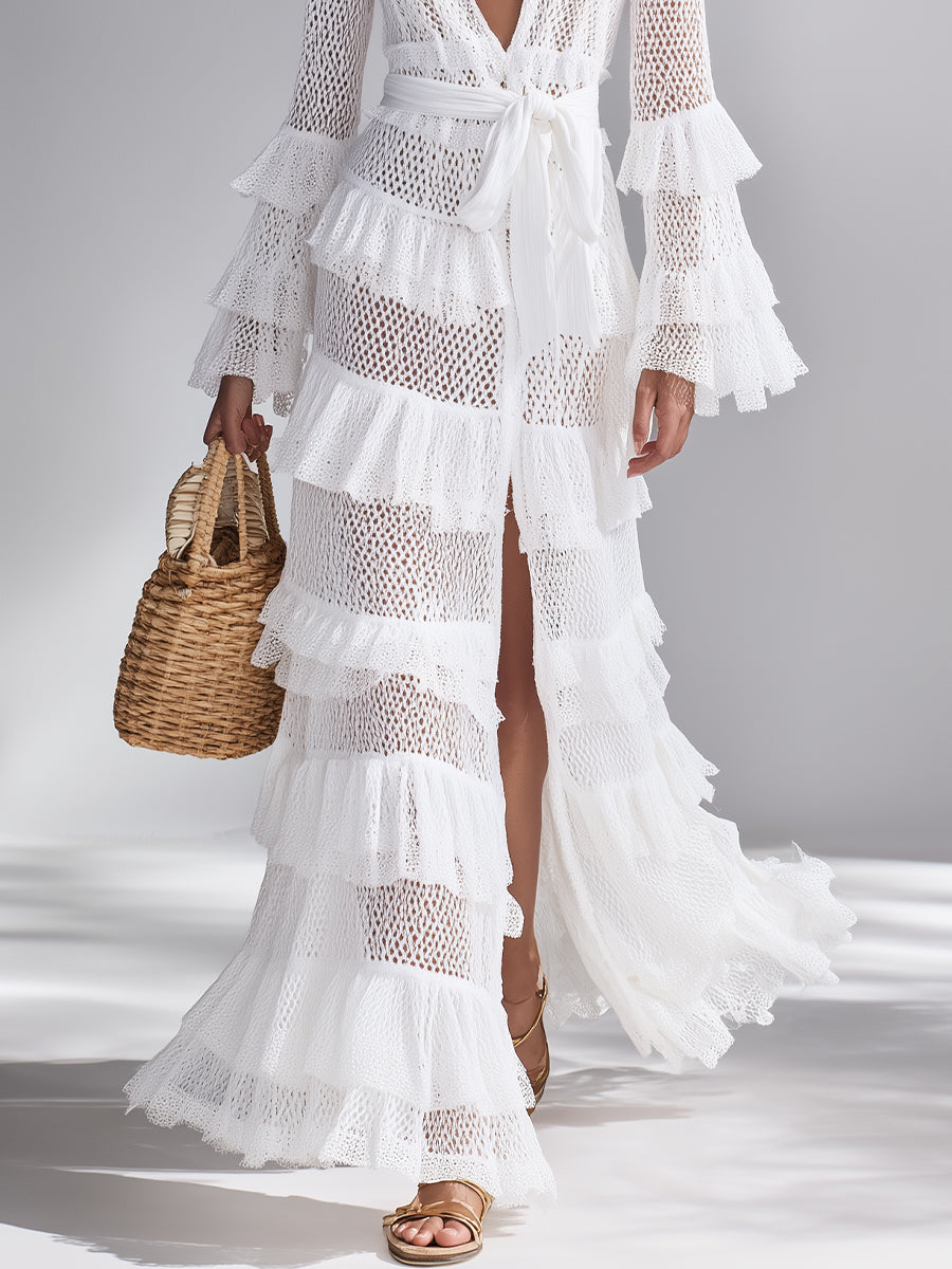 Cardigan en Crochet Tricoté Blanc Éclatant pour Femmes avec Décolleté en V Profond et Volants Superposés, Style Bohème-Chic Intemporel Cardigan
