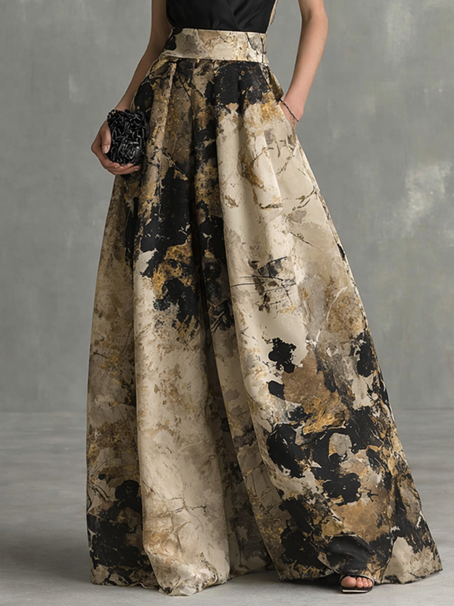 Robe Maxi Élégante Femme Noir et Beige Imprimé Abstrait Décolleté en V avec Bretelles