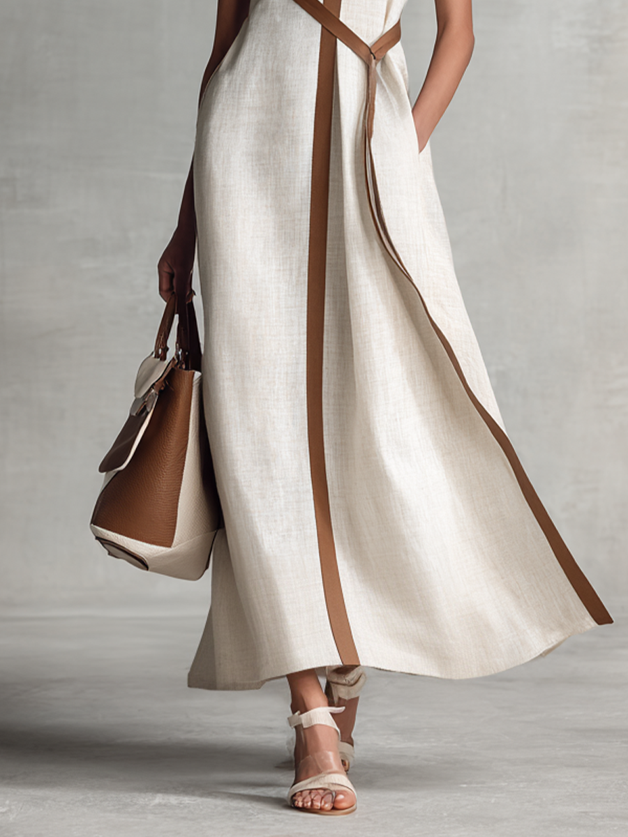 Robe Maxi en Coton et Lin Sans Manches avec Décolleté en V et Ceinture à Nouer pour Femmes