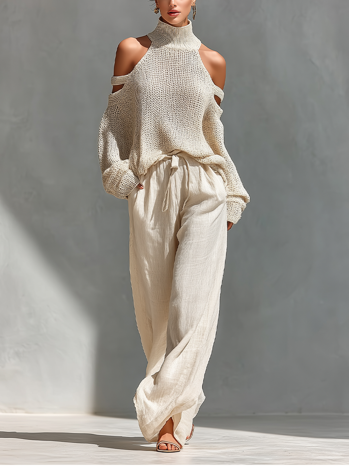 Ensemble Haut Col Montant avec Épaules Dénudées en Maille Beige pour Femmes & Pantalons à Jambe Large