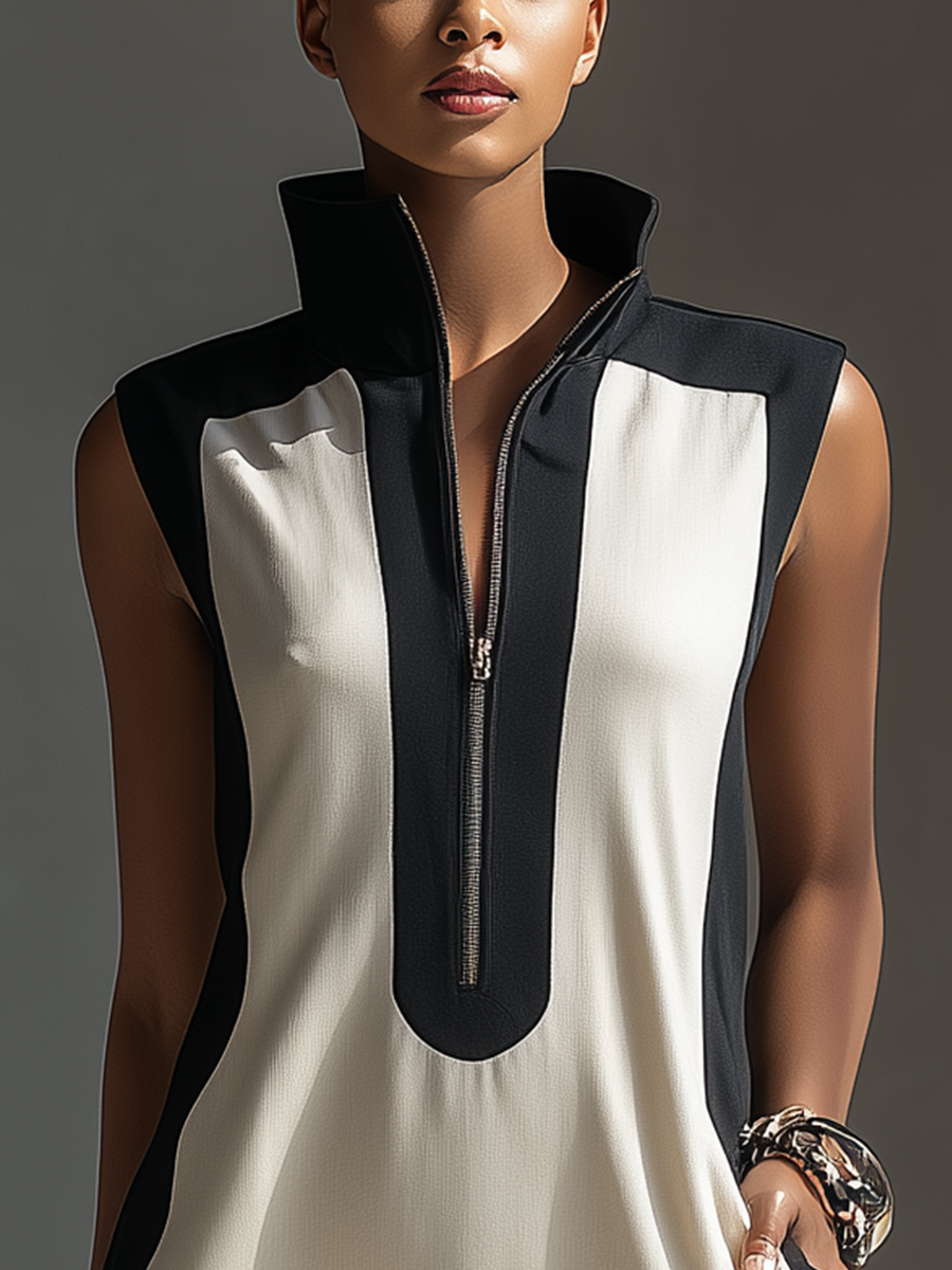 Robe Mini Bicolore Noire & Blanche pour Femme avec Col Montant et Détail à Demi-Zip