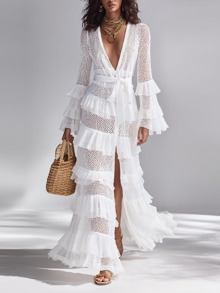 Cardigan au Crochet Blanc Brillant pour Femmes avec Décolleté en V Profond et Volants Superposés, Style Bohème-Chic Intemporel