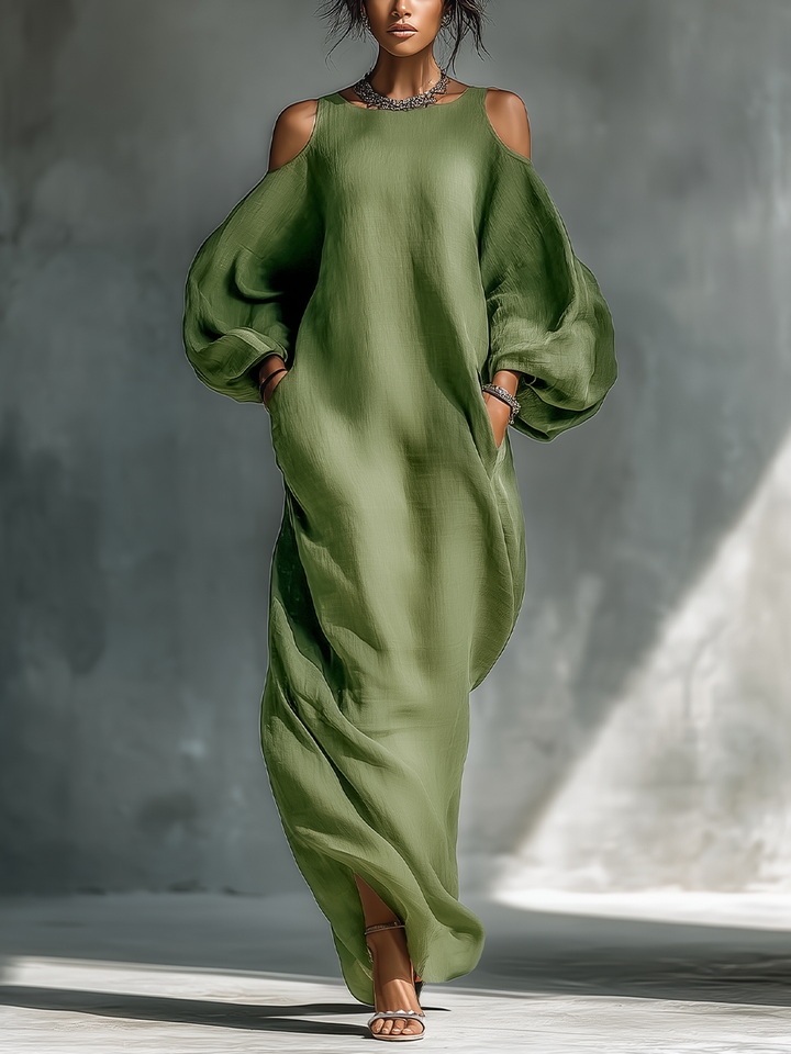 Robe maxi femme vert clair à épaules dénudées avec manches bouffantes surdimensionnées et poches latérales