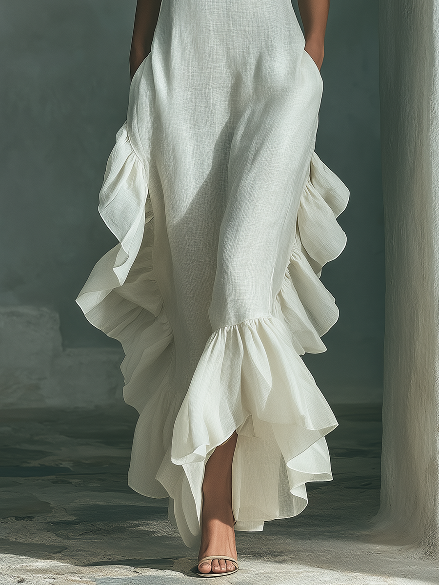Robe Maxi Sans Manches en Lin Ivoire pour Femme avec Col Rond et Ourlet Volant
