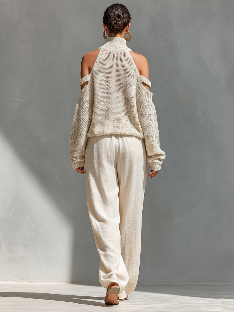 Ensemble Haut Col Montant avec Épaules Dénudées en Maille Beige pour Femmes & Pantalons à Jambe Large