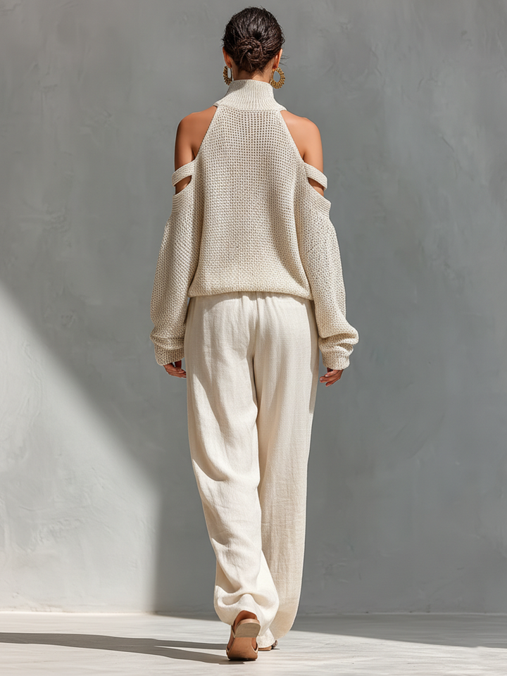 Ensemble Top Col Roulé à Épaules Dégagées en Tricot Beige pour Femmes & Pantalons à Jambes Larges