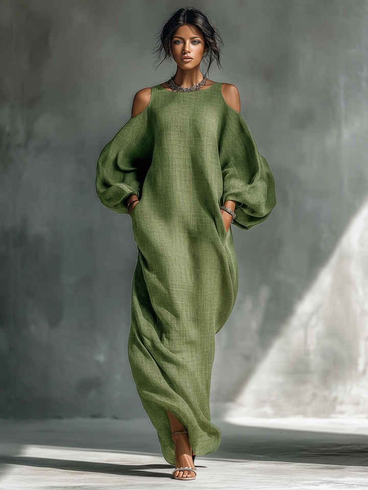 Robe maxi femme vert clair avec épaules dénudées, manches bouffantes oversize et poches latérales