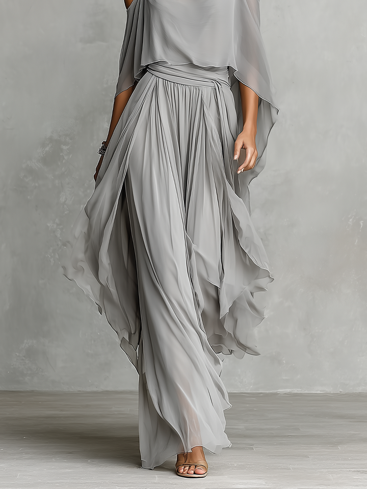 Ensemble Chiffon Respirant Gris Femme Avec Détail Épaules Nues & Silhouette Évasée, Style Contemporain Luxe-Féminin