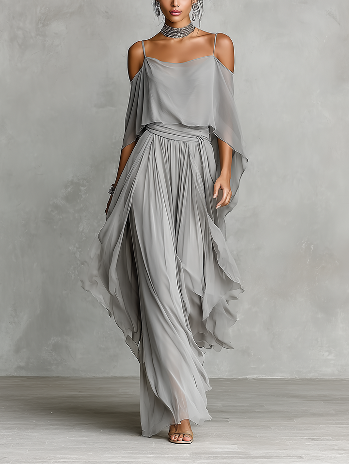 Ensemble Chiffon Respirant Gris Femme Avec Détail Épaules Nues & Silhouette Évasée, Style Contemporain Luxe-Féminin