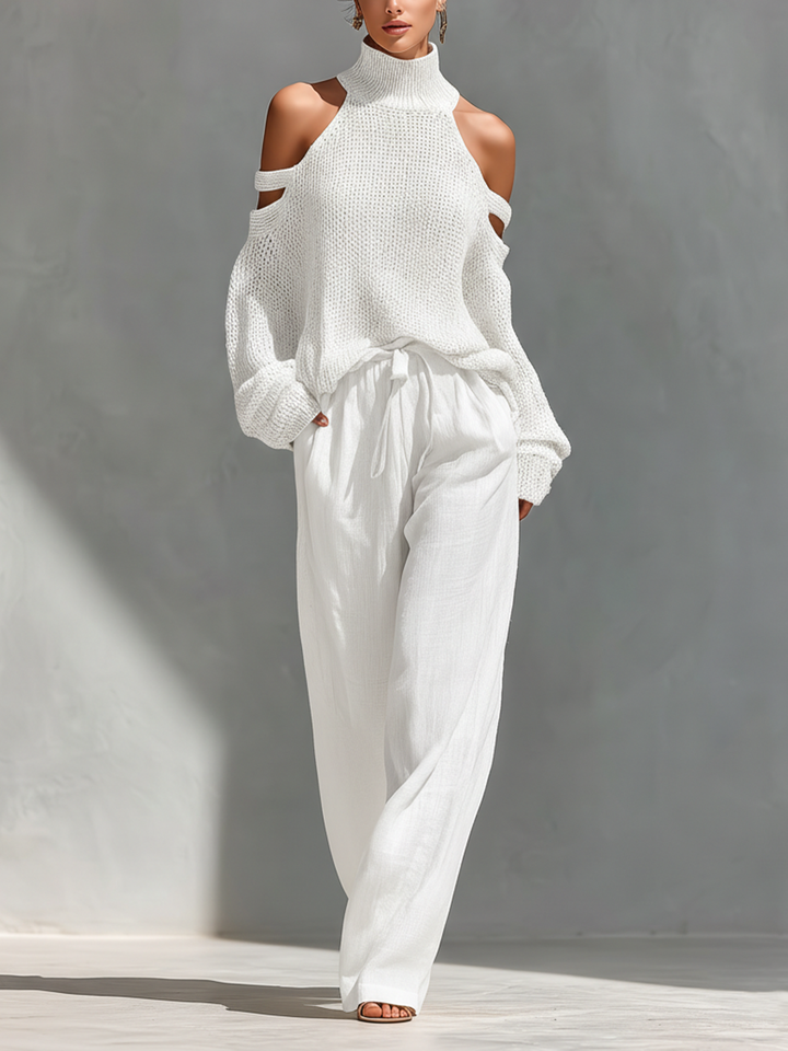 Ensemble Haut Col Montant avec Épaules Dénudées en Maille Beige pour Femmes & Pantalons à Jambe Large
