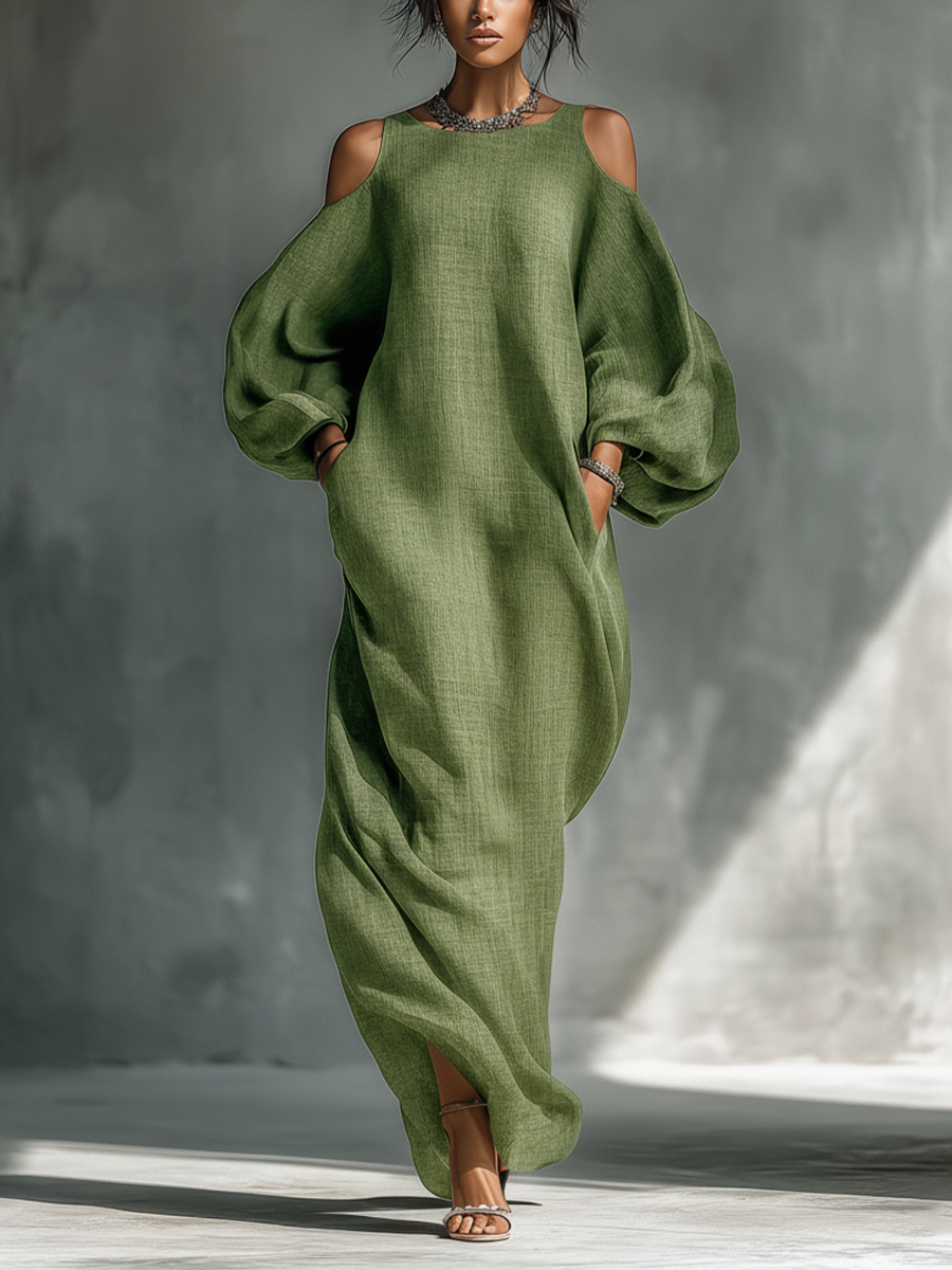 Robe maxi femme vert clair à épaules dénudées avec manches bouffantes surdimensionnées et poches latérales