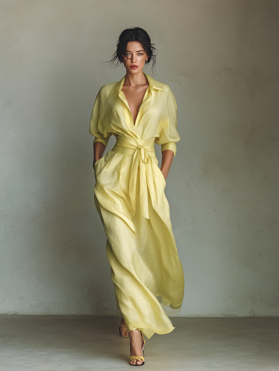 Robe Chemise Maxi Femme Jaune Citron En Coton Et Lin Avec Ceinture À Nouer & Manches Trois Quarts